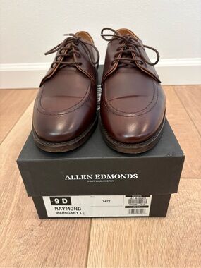 Allen Edmonds Raymond Apron Toe Derby Shoes 9 D Mahogany Brown Leather